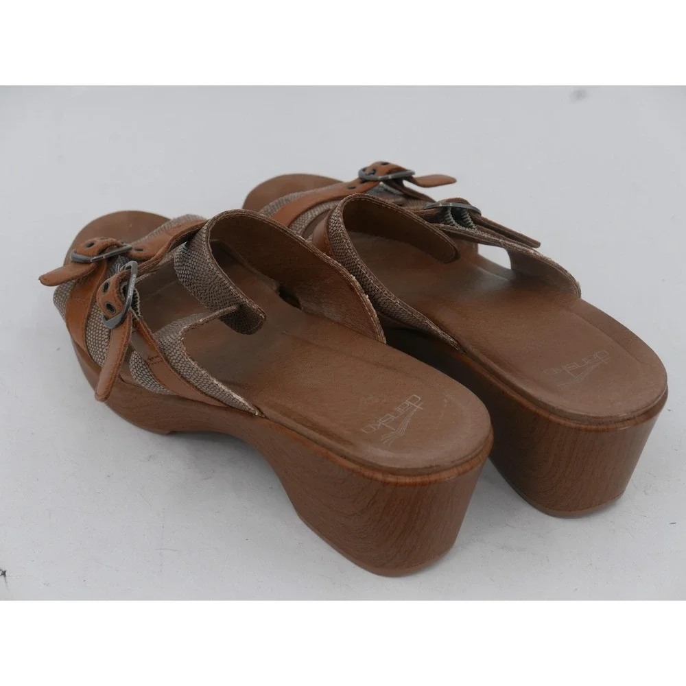 Dansko Sandals Brown Leather Wedge Slide Buckle Straps Women's Size 10.5 EU 41